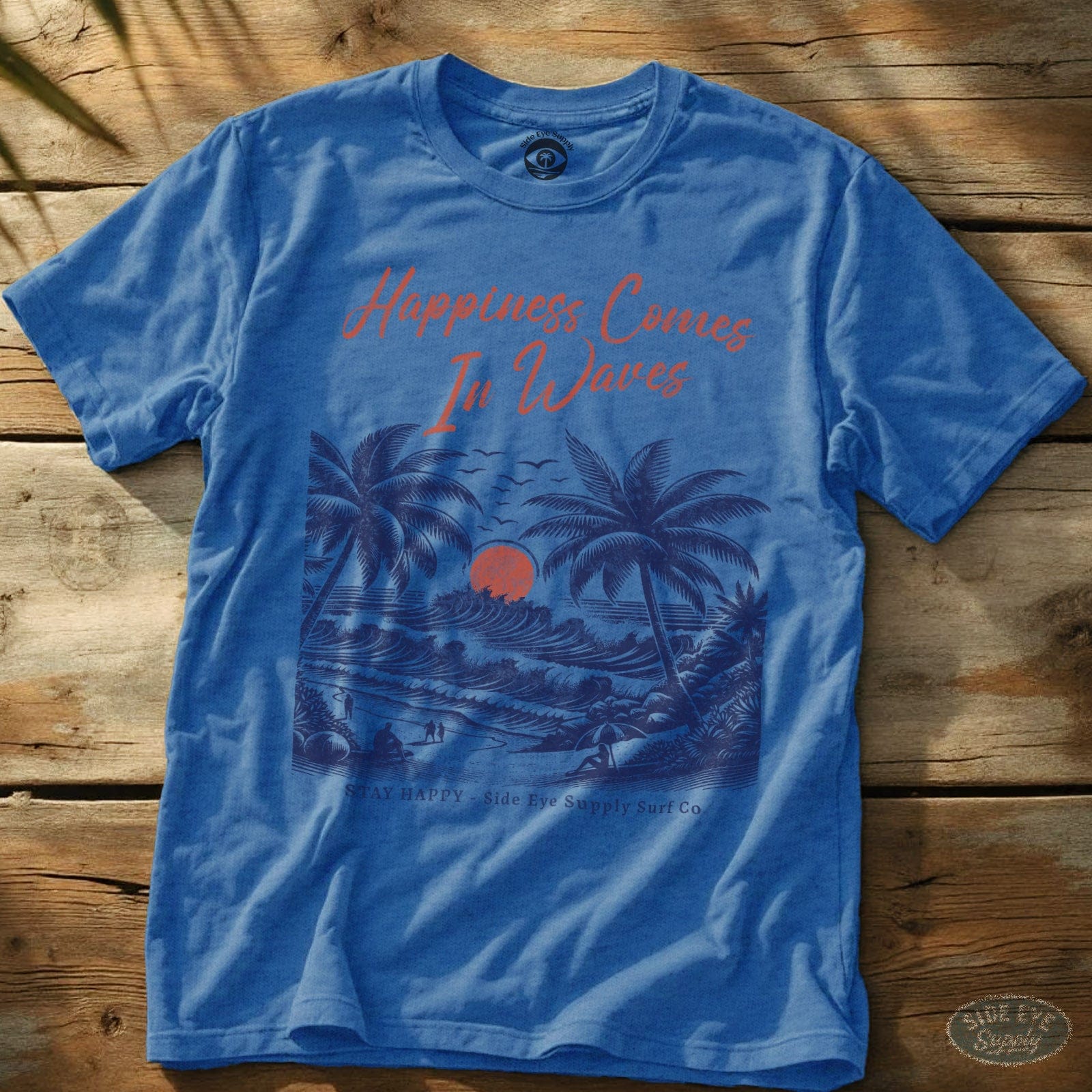 Happiness Comes in Waves Tee Heather Royal / S - by Side Eye Supply - Surf Beach Life Apparel