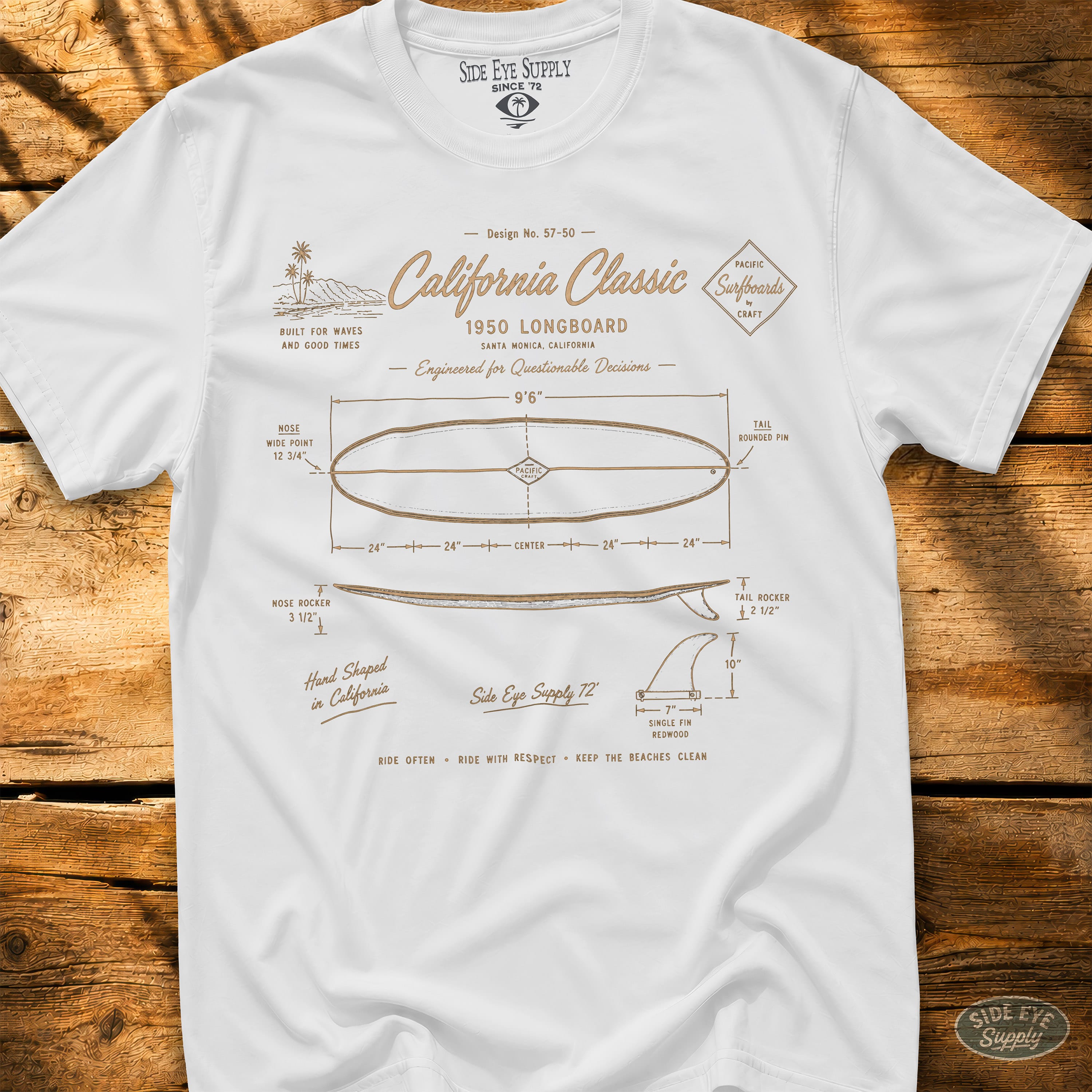 Longboard Schematic Tee White / S - by Side Eye Supply - Surf Beach Life Apparel