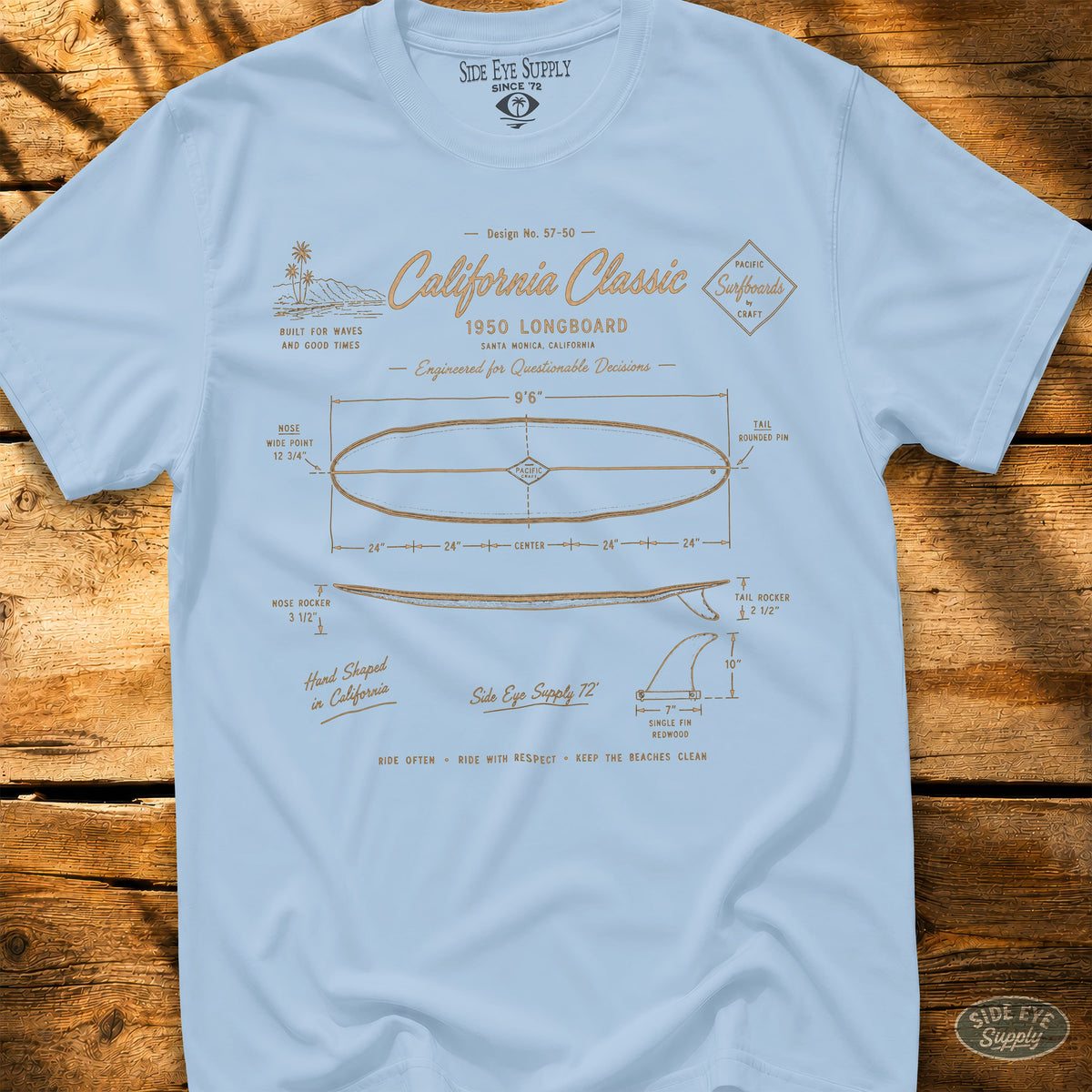 Longboard Schematic Tee Light Blue / S - by Side Eye Supply - Surf Beach Life Apparel