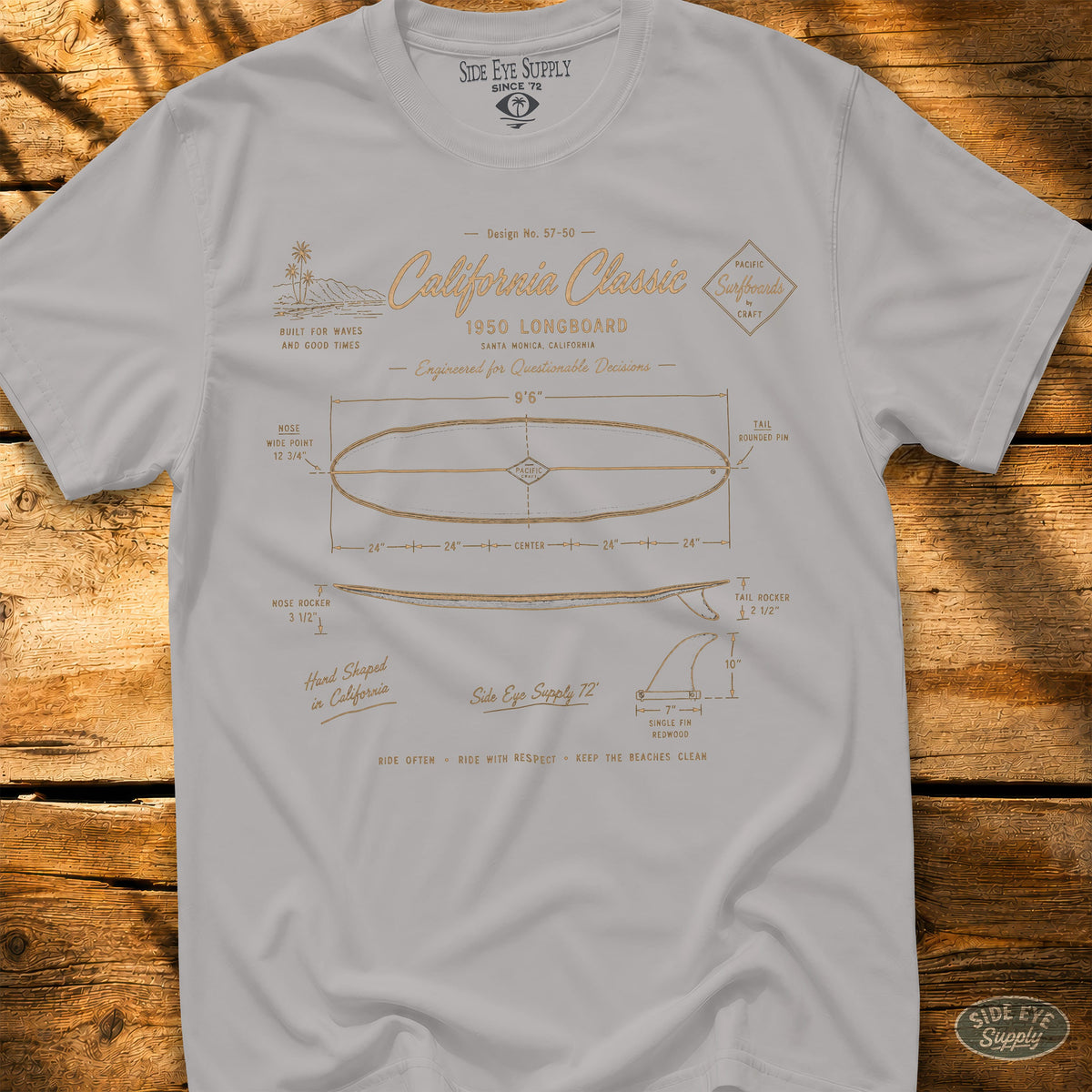 Longboard Schematic Tee Ice Grey / S - by Side Eye Supply - Surf Beach Life Apparel