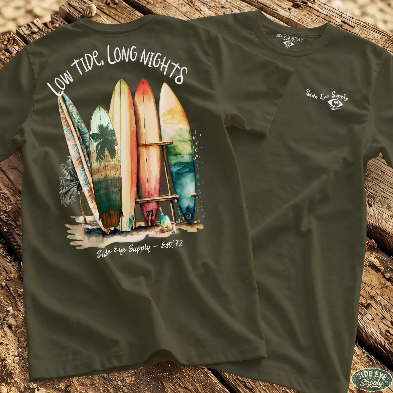 Low Tides, Long Nights Tee Military Green / S - by Side Eye Supply - Surf Beach Life Apparel