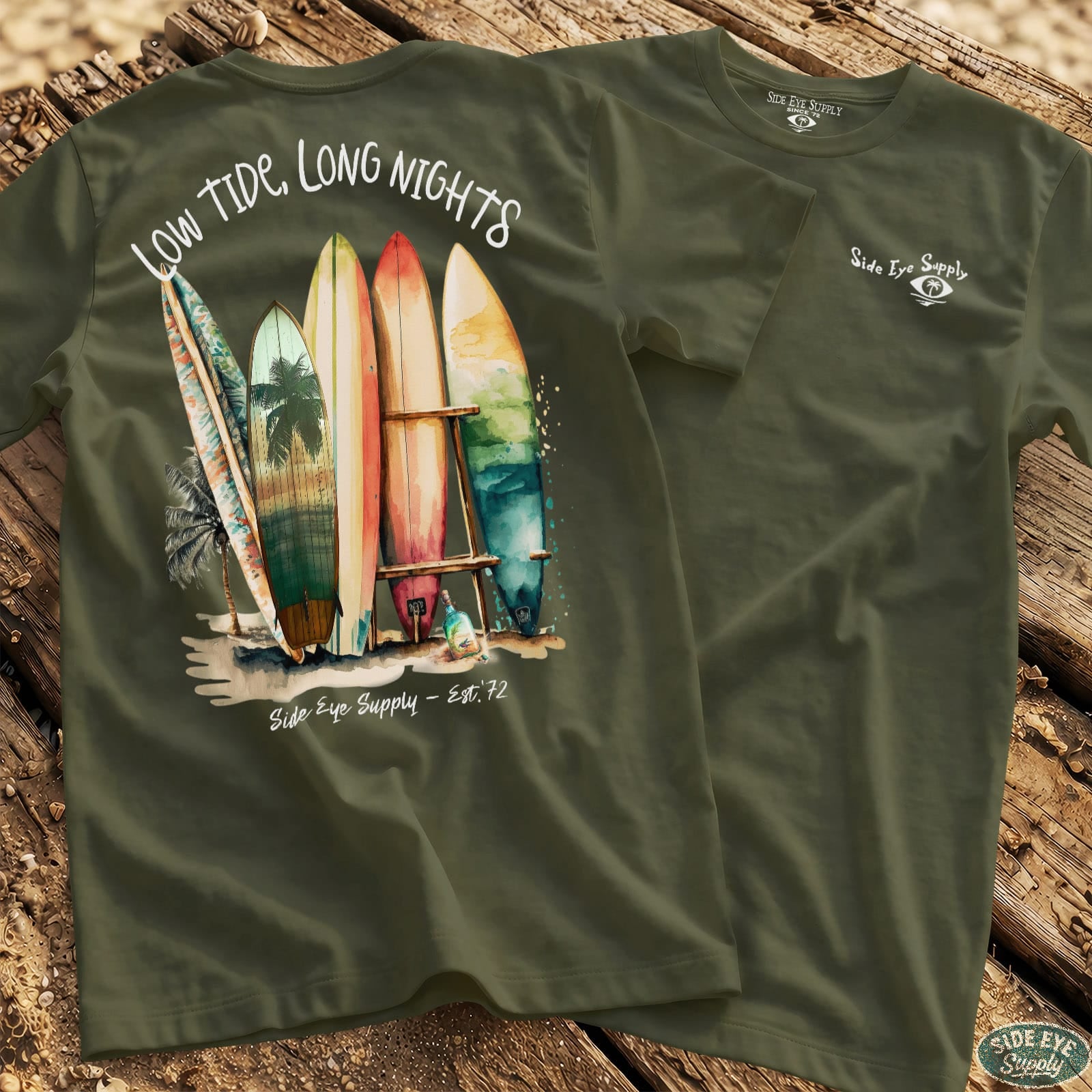 Low Tides, Long Nights Tee Military Green / S - by Side Eye Supply - Surf Beach Life Apparel