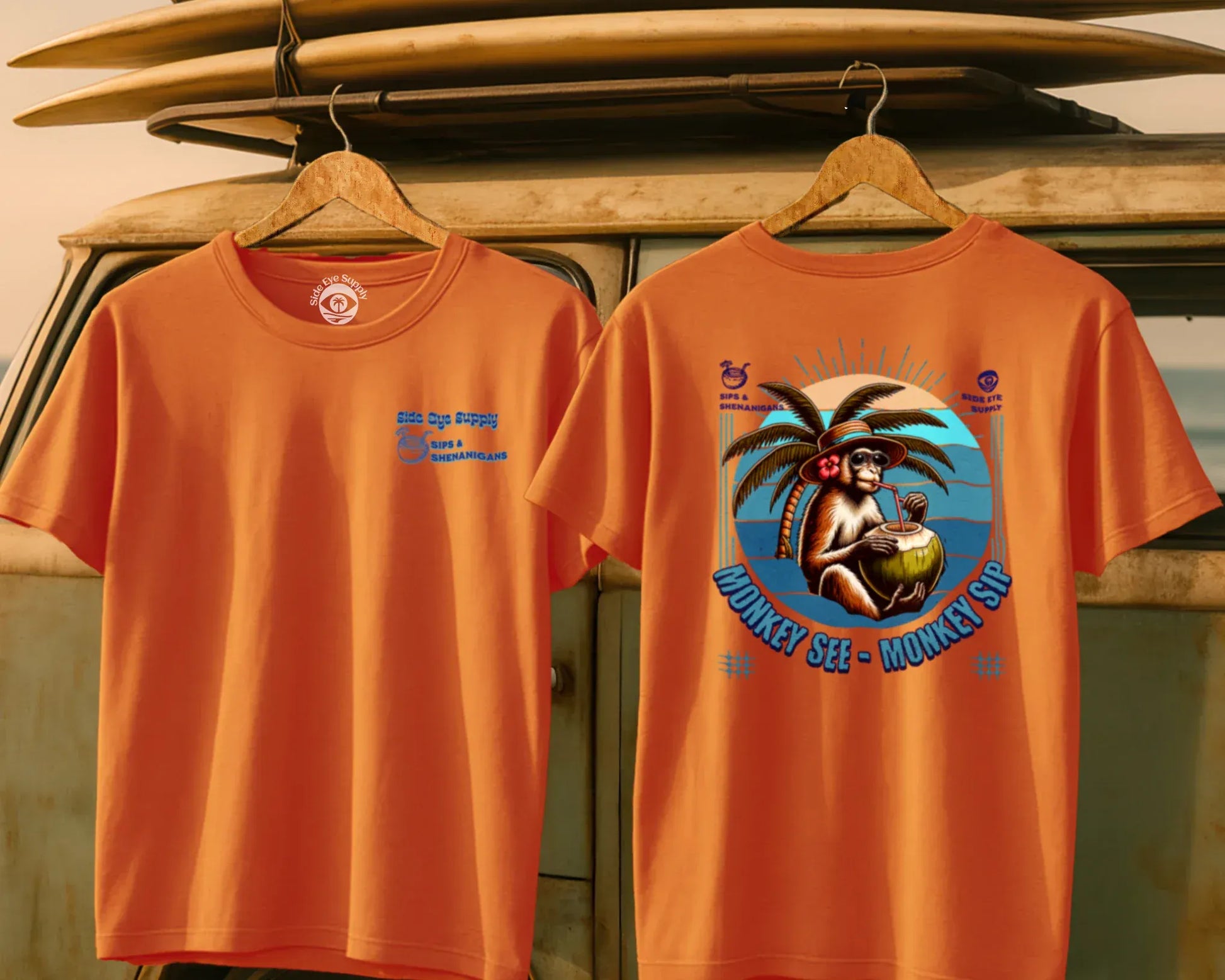 Monkey See - Monkey Sip Tee Orange / S - by Side Eye Supply - Surf Beach Life Apparel