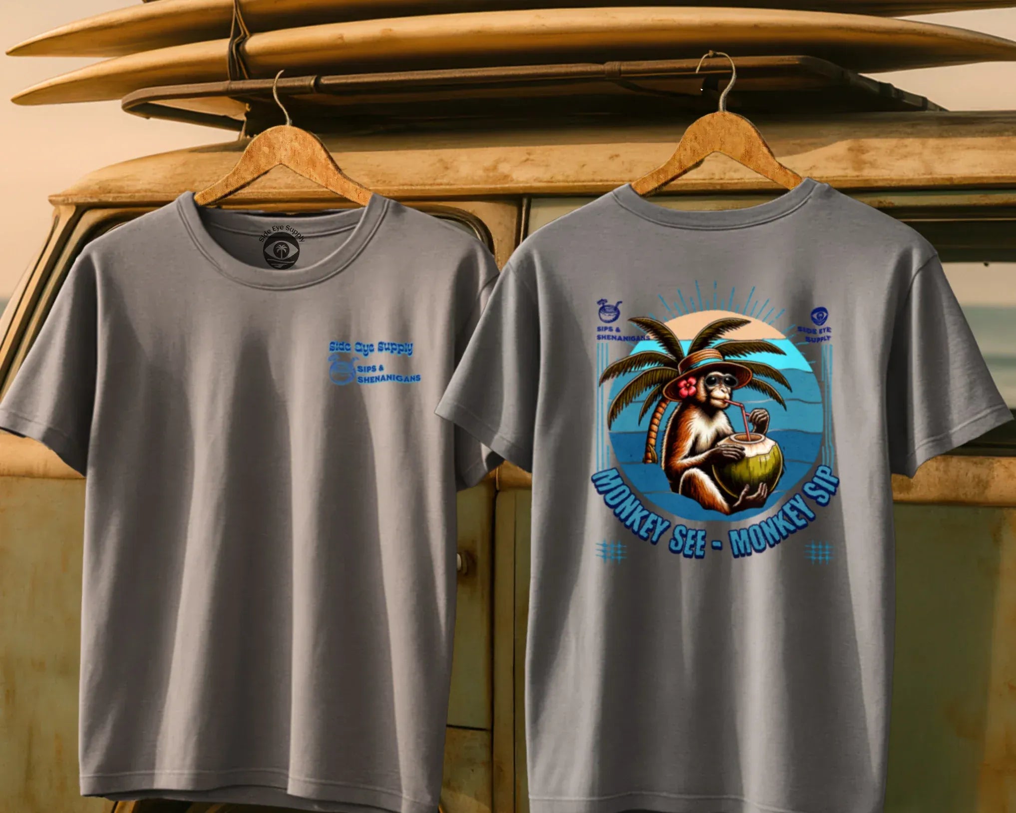 Monkey See - Monkey Sip Tee Ice Grey / S - by Side Eye Supply - Surf Beach Life Apparel