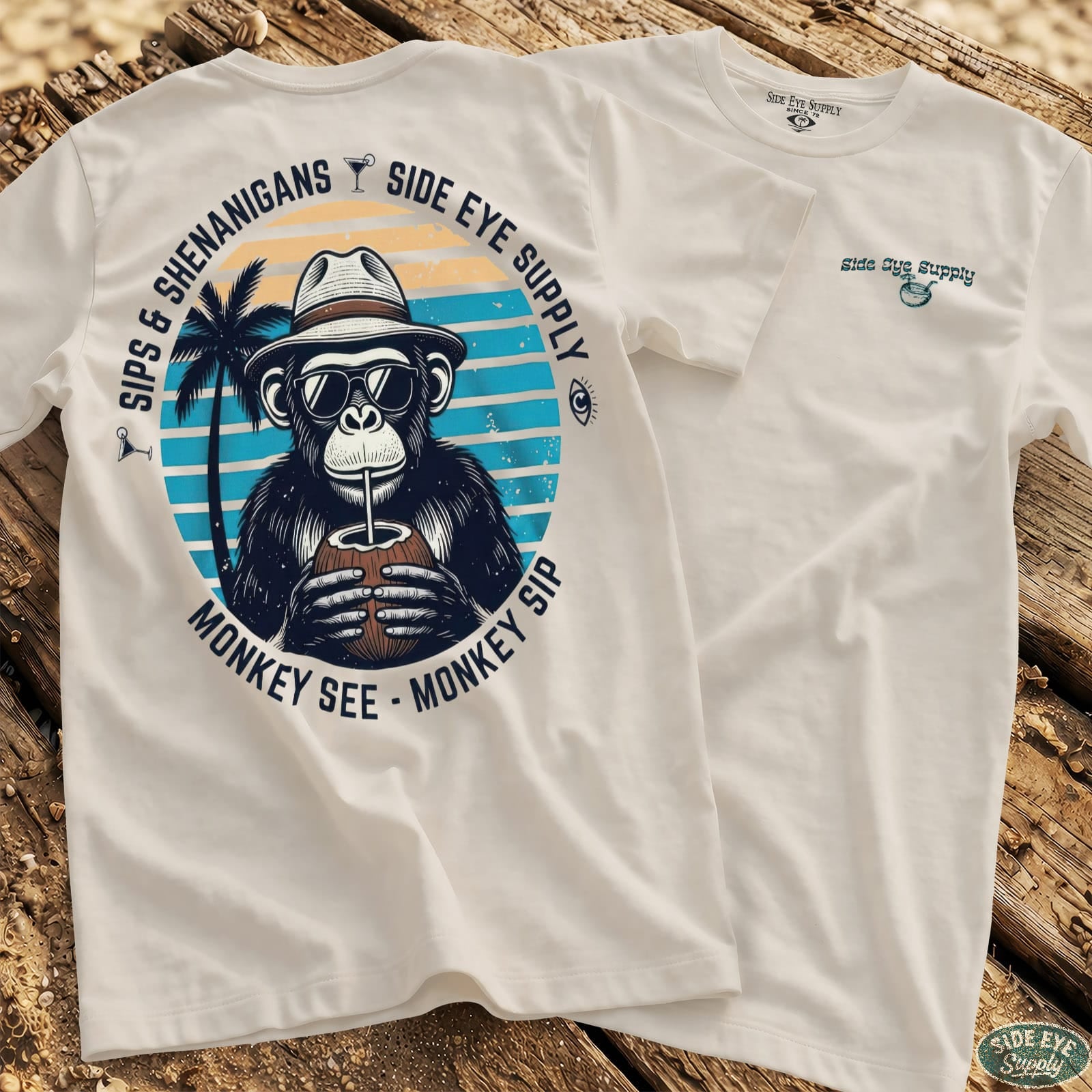 Monkey See - Monkey Sip Tee White / S - by Side Eye Supply - Surf Beach Life Apparel