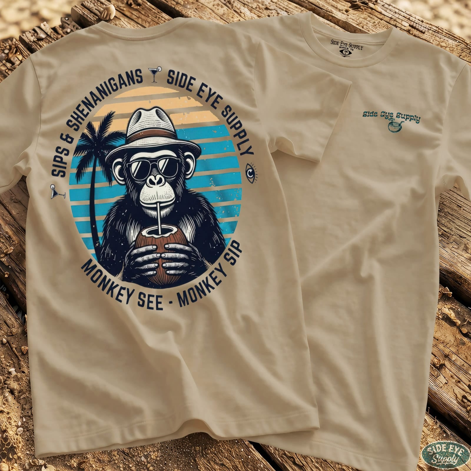 Monkey See - Monkey Sip Tee Sand / S - by Side Eye Supply - Surf Beach Life Apparel