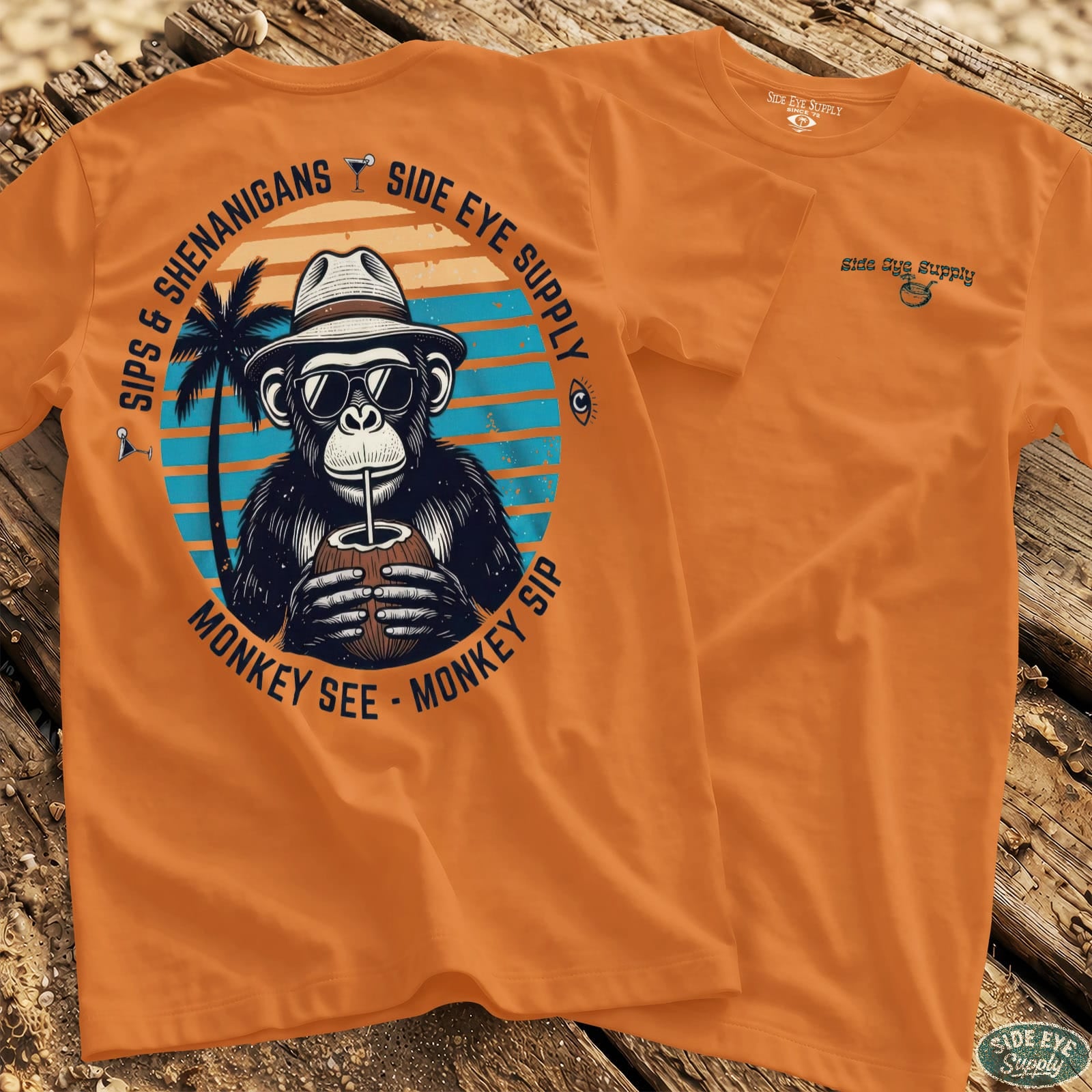Monkey See - Monkey Sip Tee Orange / S - by Side Eye Supply - Surf Beach Life Apparel