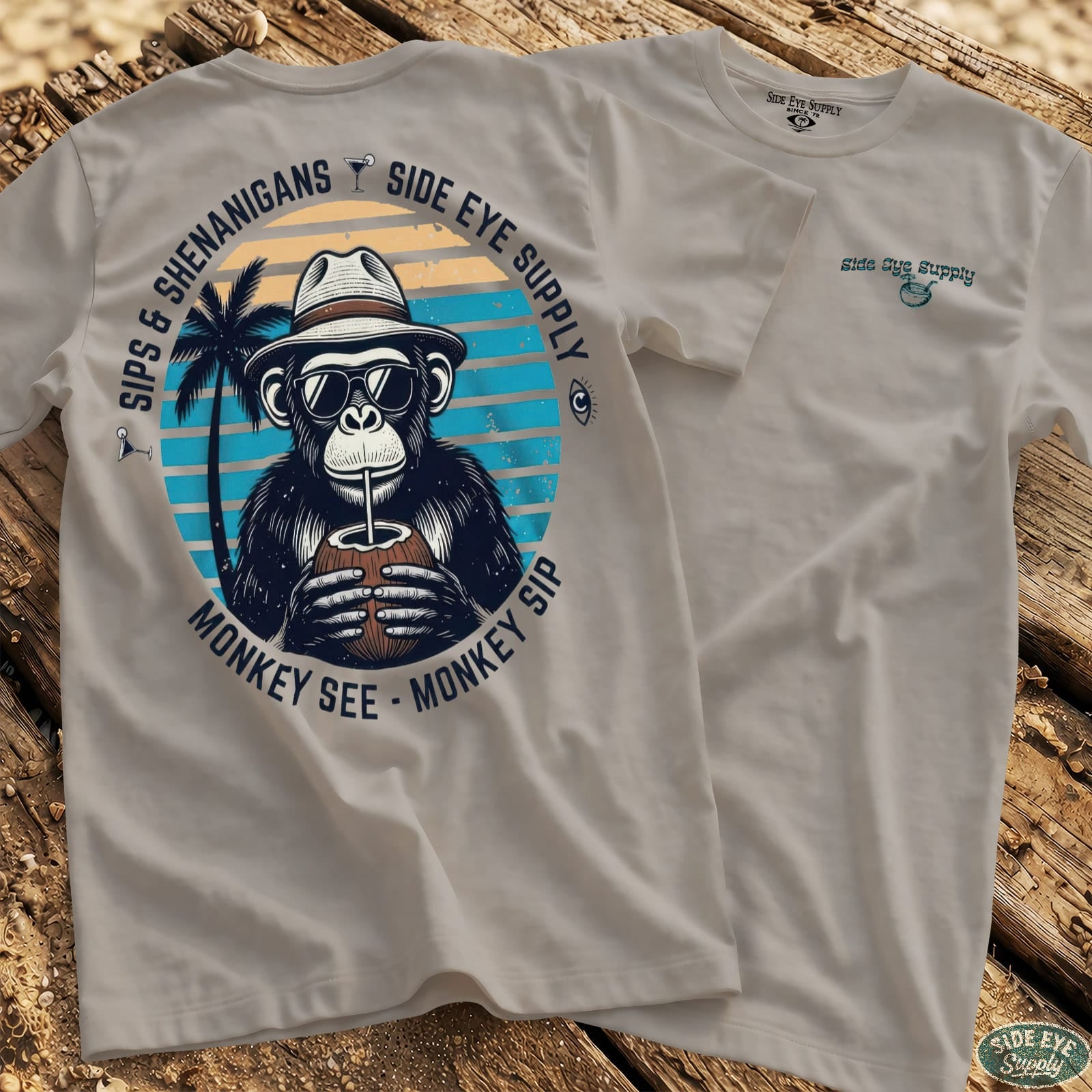 Monkey See - Monkey Sip Tee Ice Grey / S - by Side Eye Supply - Surf Beach Life Apparel