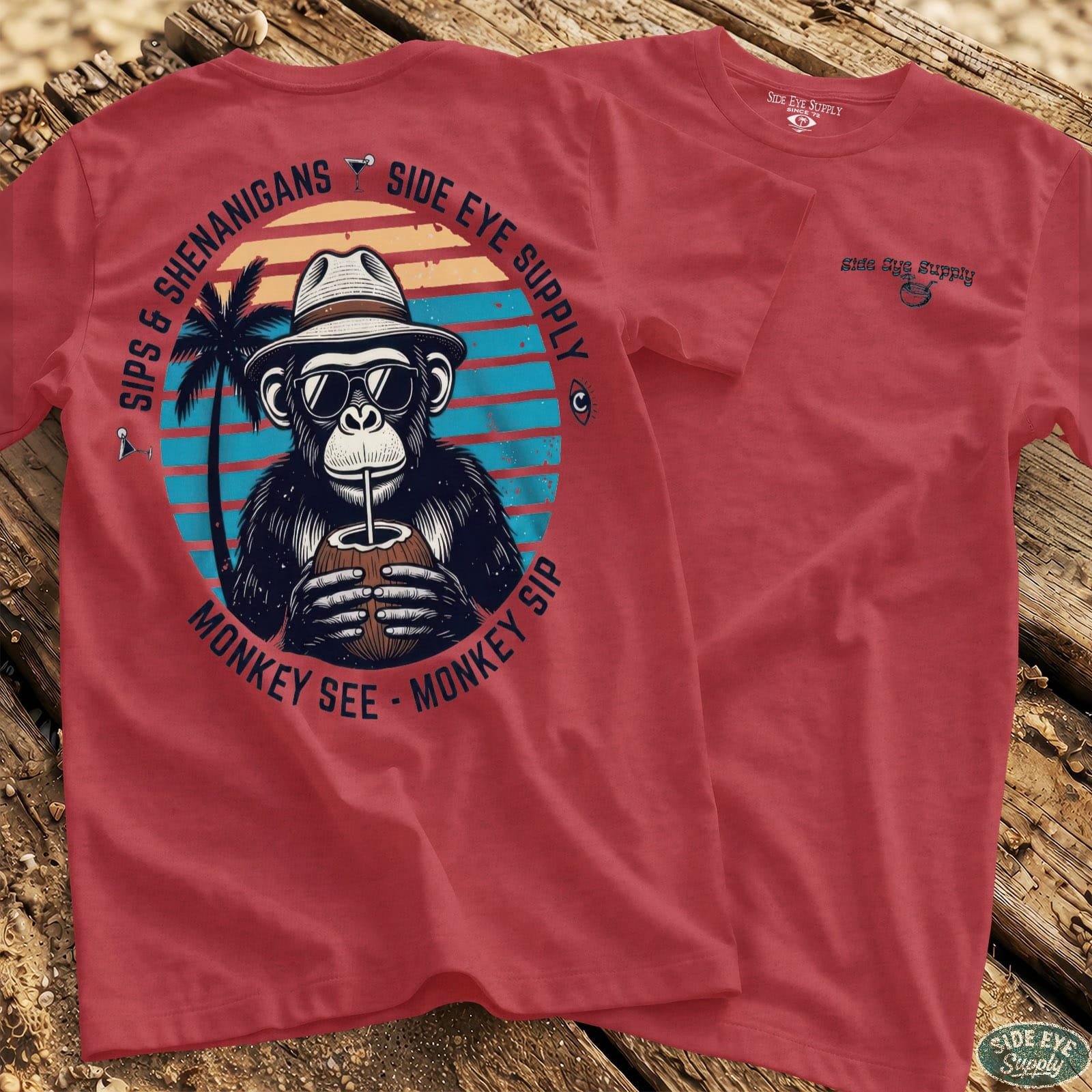 Monkey See - Monkey Sip Tee Heather Red / S - by Side Eye Supply - Surf Beach Life Apparel
