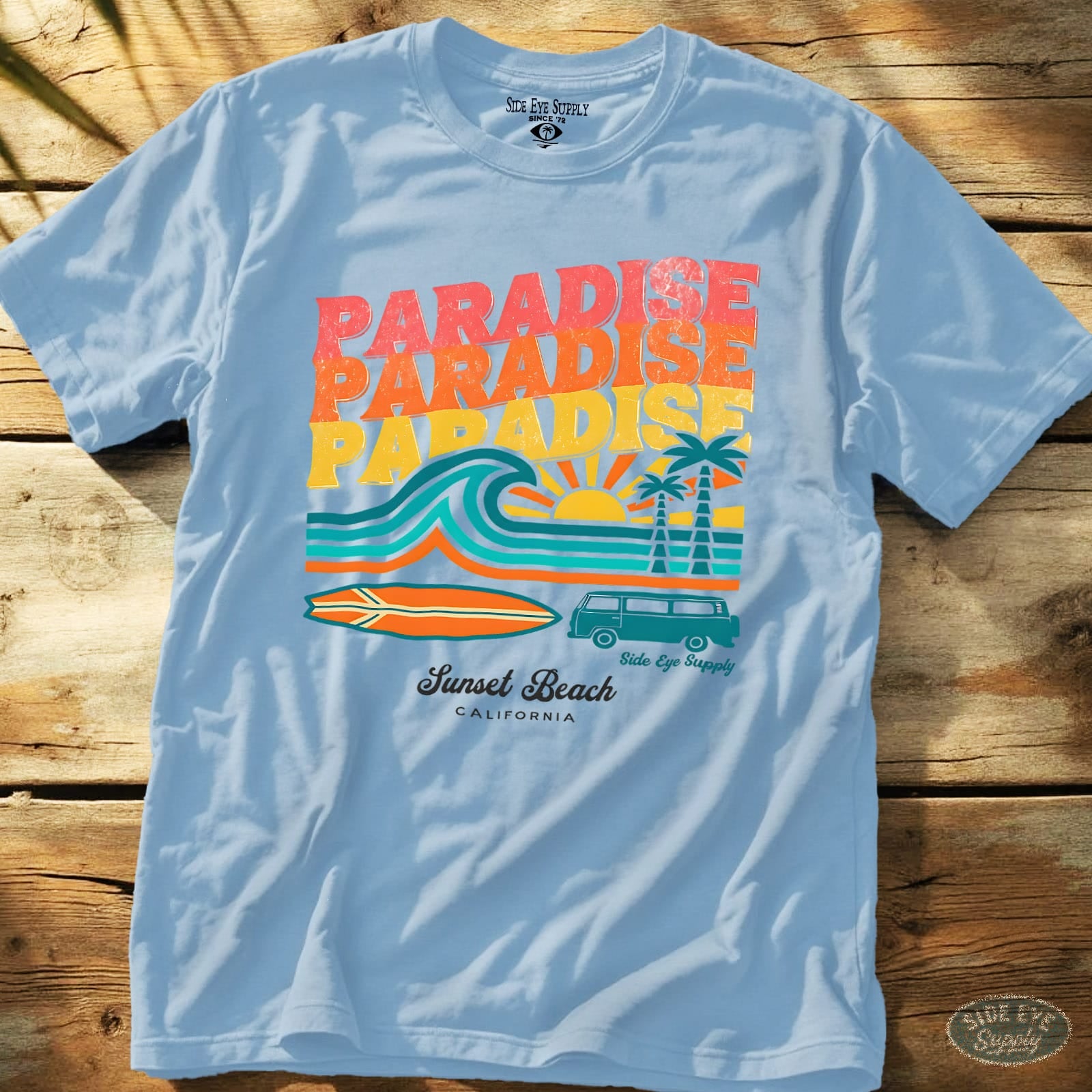 Paradise - Sunset Beach Tee Light Blue / S - by Side Eye Supply - Surf Beach Life Apparel