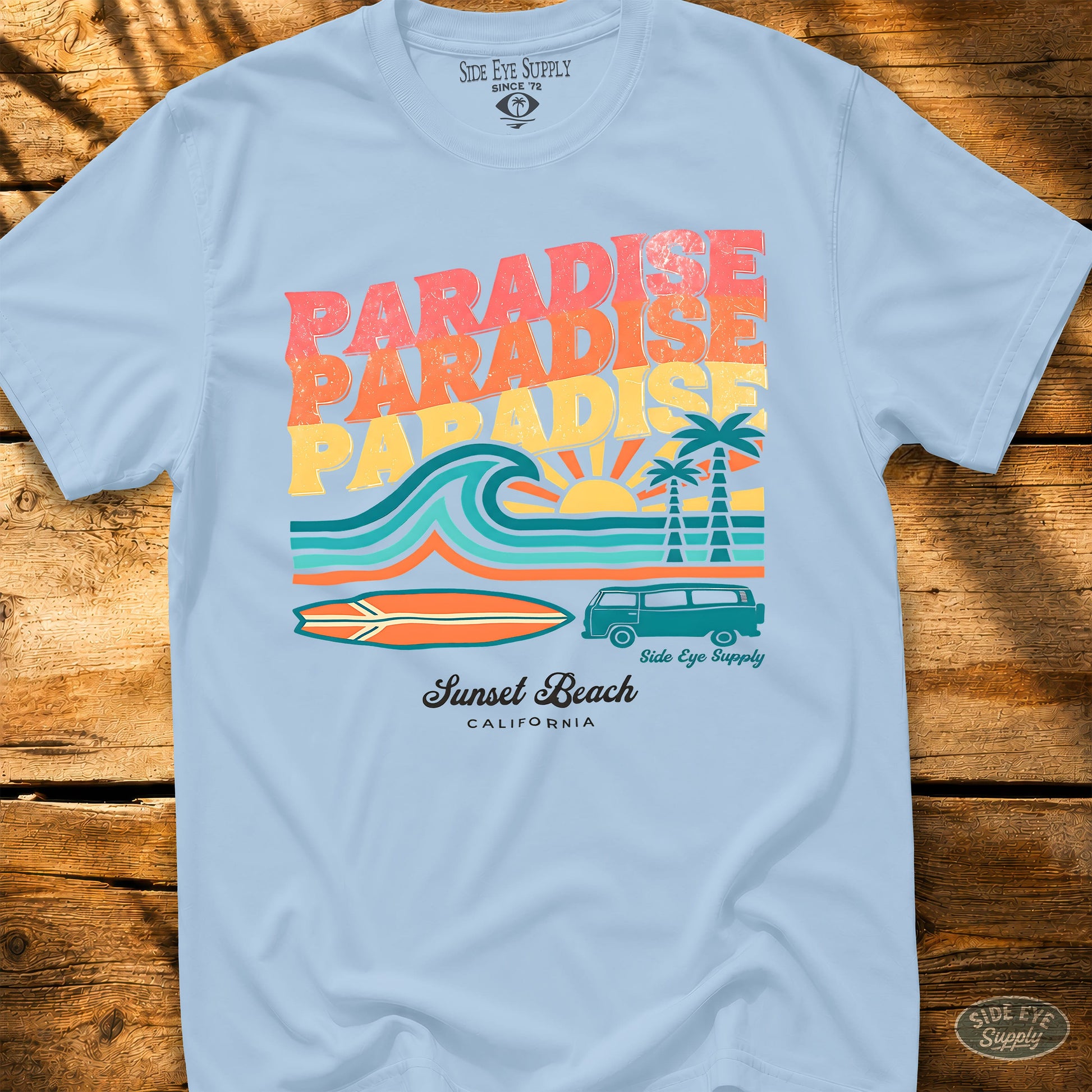 Paradise - Sunset Beach Tee Light Blue / S - by Side Eye Supply - Surf Beach Life Apparel