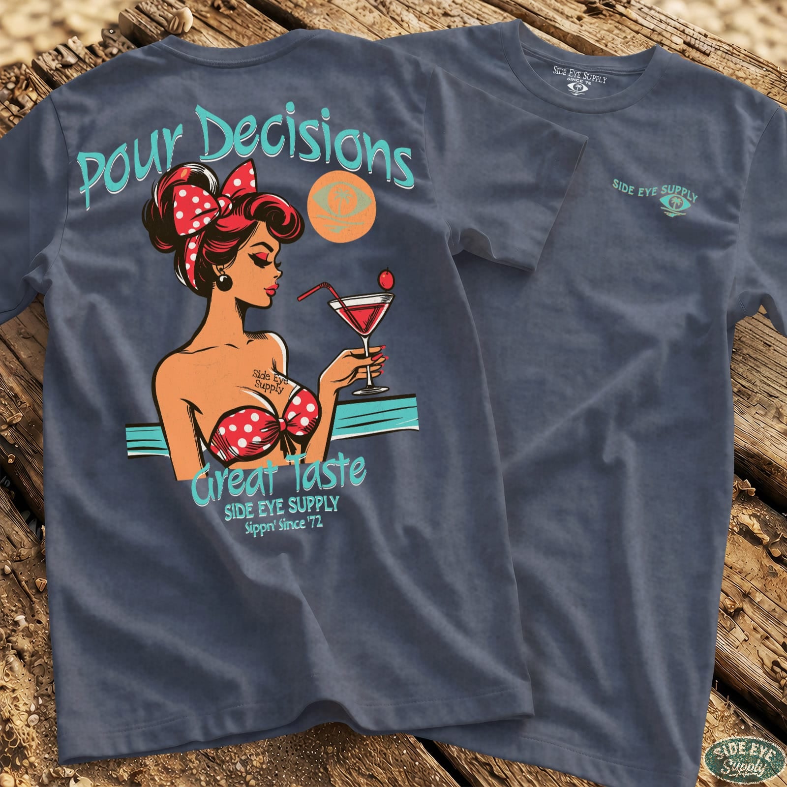 Pour Decisions Tee Heather Indigo / S - by Side Eye Supply - Surf Beach Life Apparel