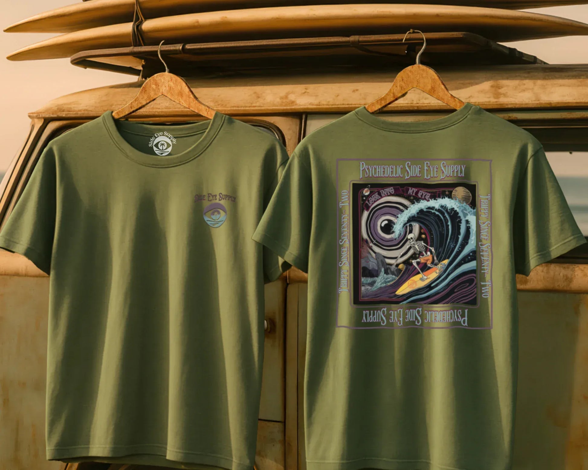 Psychedelic Side Eye Tee Military Green / S - by Side Eye Supply - Surf Beach Life Apparel