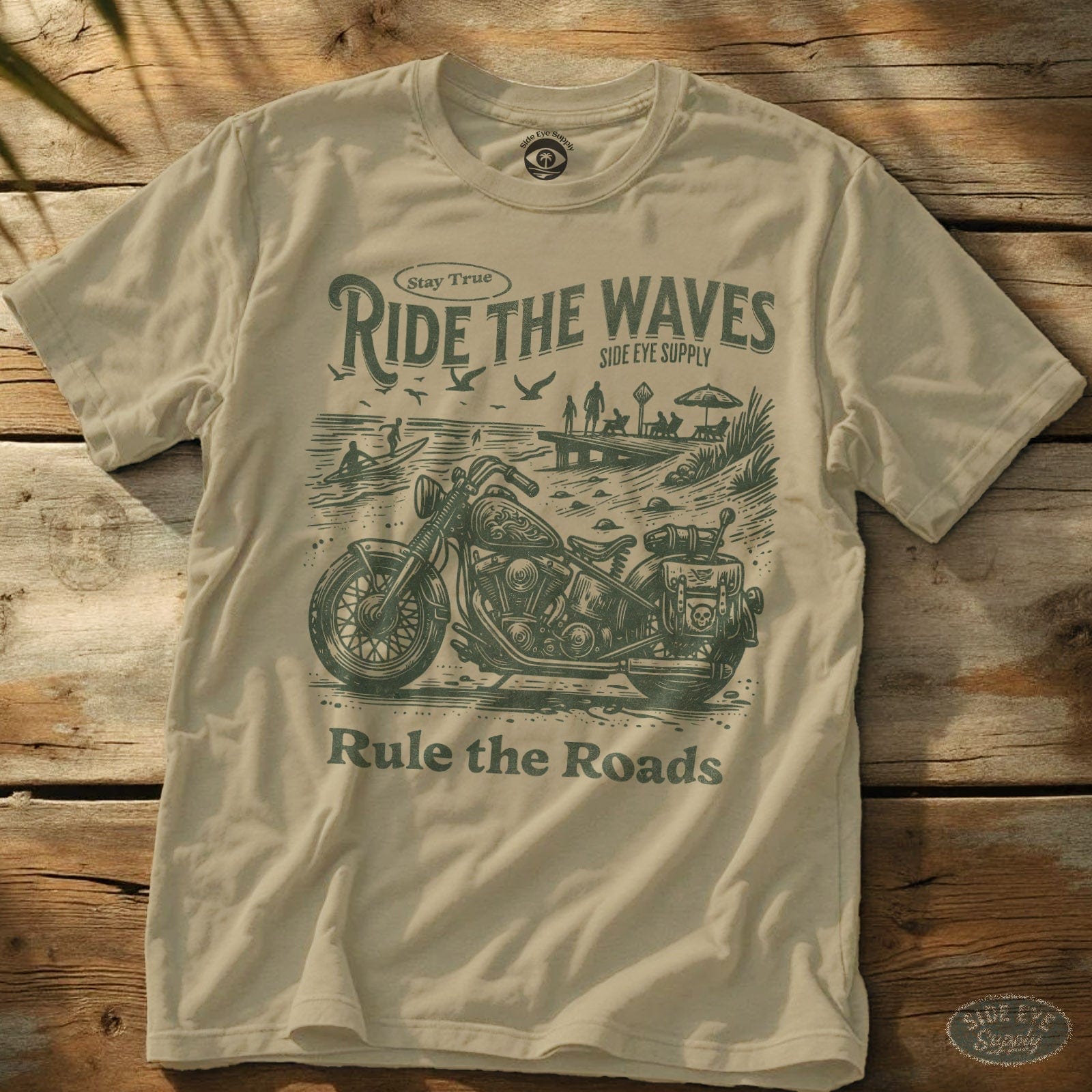 Ride the Waves Rule the Roads T-Shirt Sand / S - by Side Eye Supply - Surf Beach Life Apparel