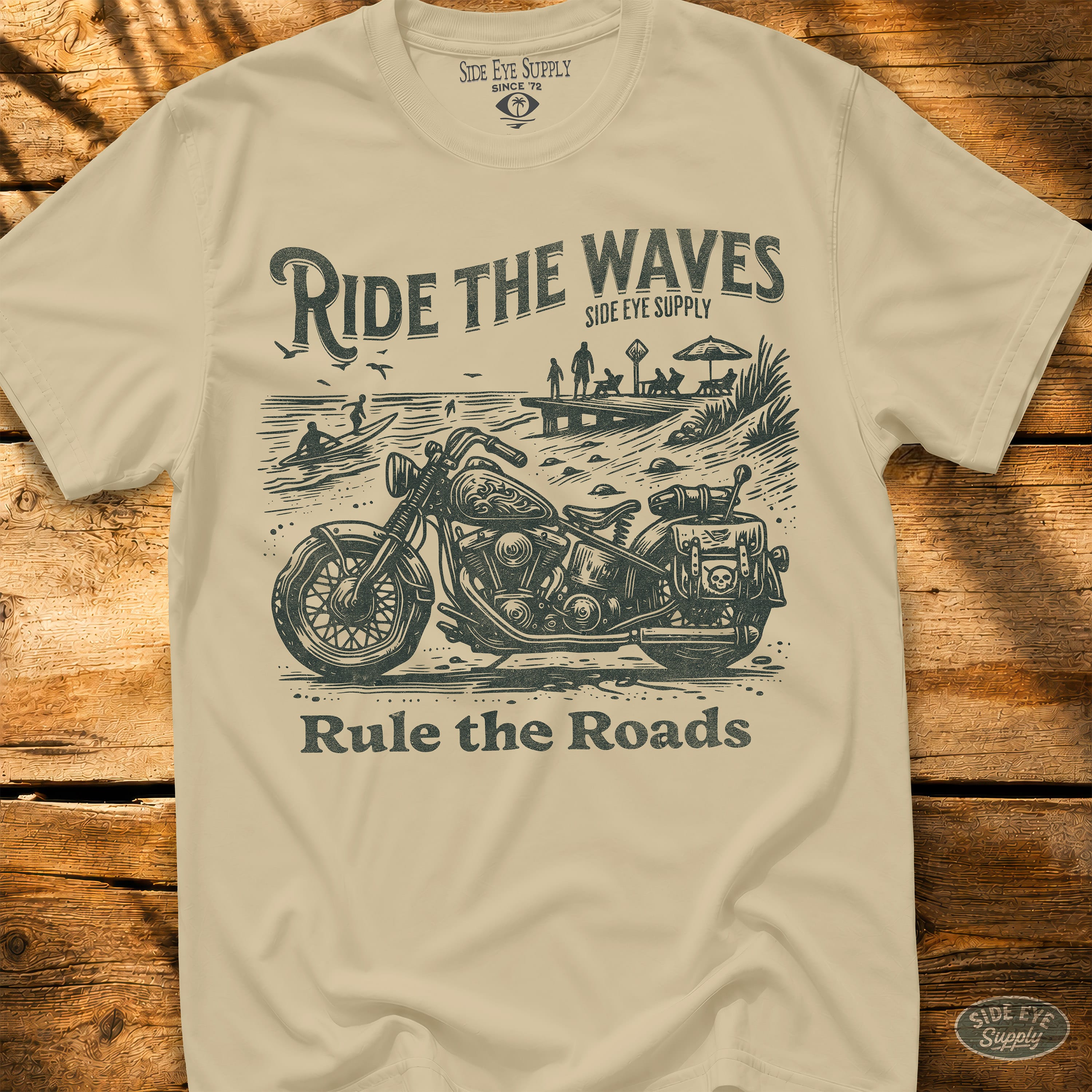 Ride the Waves Rule the Roads Tee Sand / S - by Side Eye Supply - Surf Beach Life Apparel