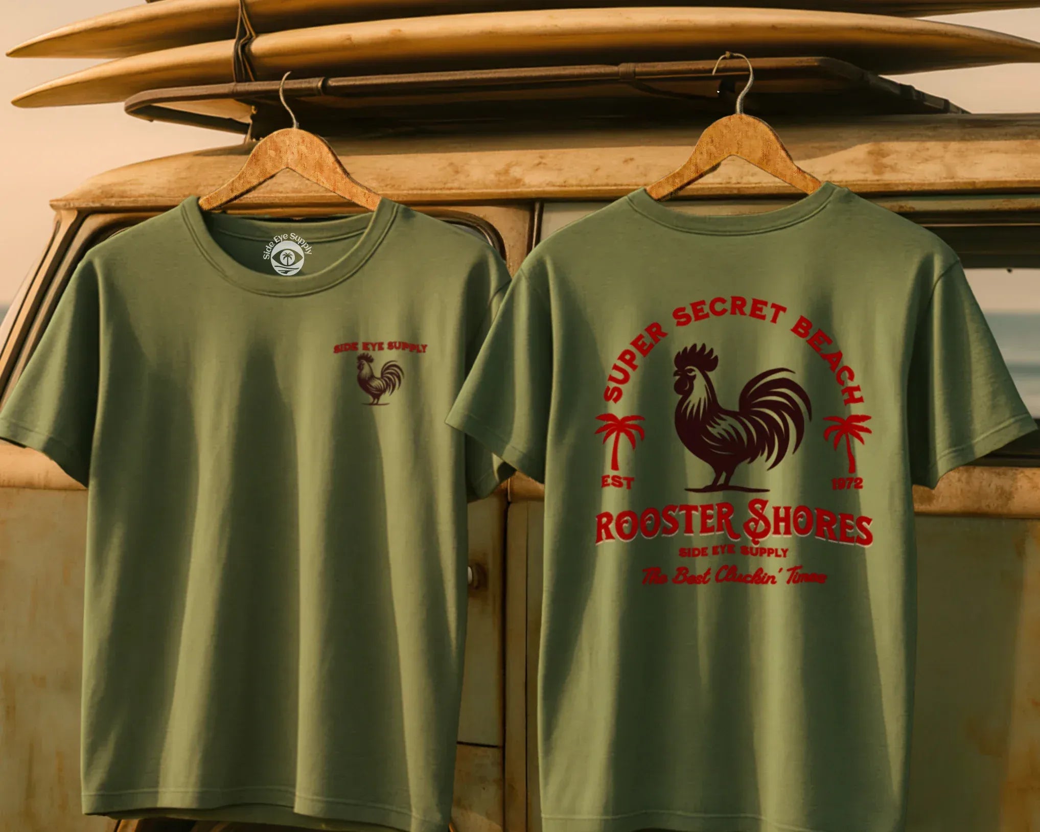 Rooster Shores Tee Military Green / S - by Side Eye Supply - Surf Beach Life Apparel