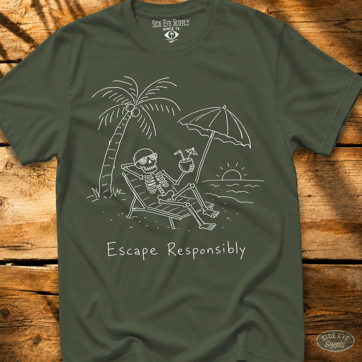 S328 - Escape Responsibly Tee Military Green / S - by Side Eye Supply - Surf Beach Life Apparel