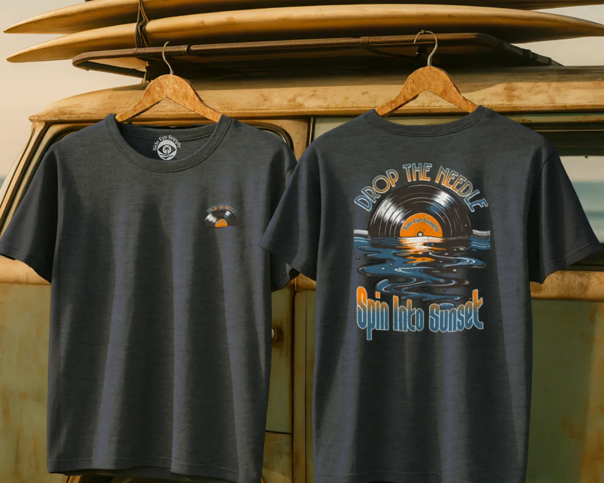 Spin Into Sunset Tee Heather Indigo / S - by Side Eye Supply - Surf Beach Life Apparel