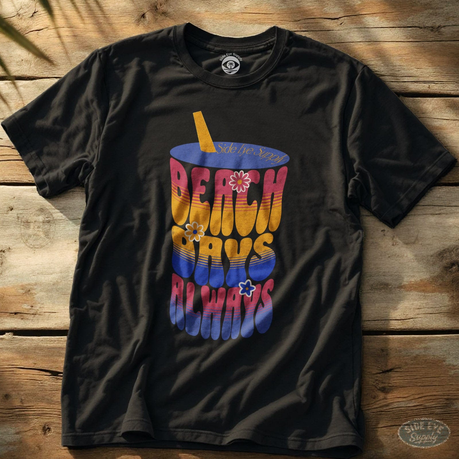 Summer Vibes Sipper (Retro Sunset Edition) Tee Black / S - by Side Eye Supply - Surf Beach Life Apparel