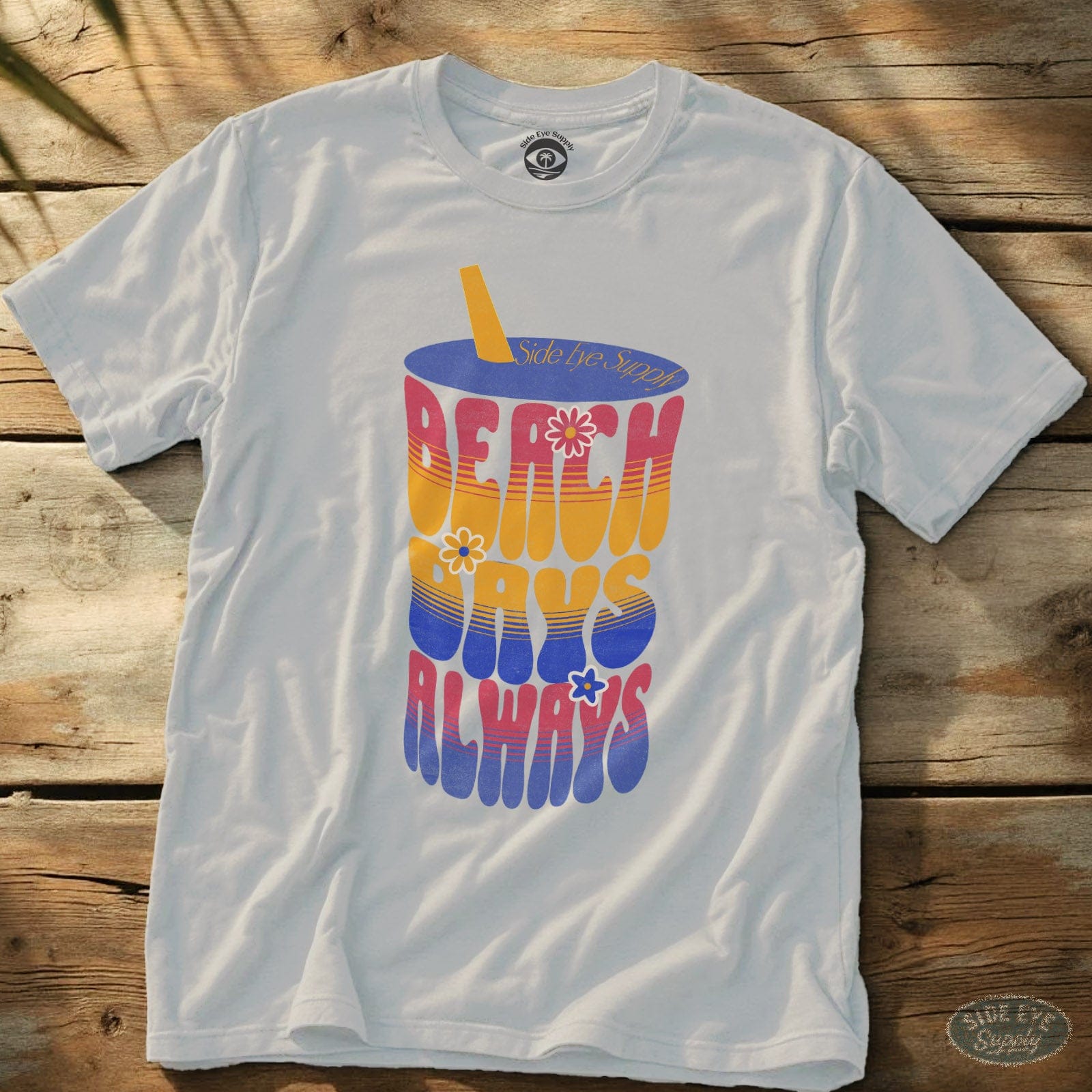 Summer Vibes Sipper (Retro Sunset Edition) Tee White / S - by Side Eye Supply - Surf Beach Life Apparel