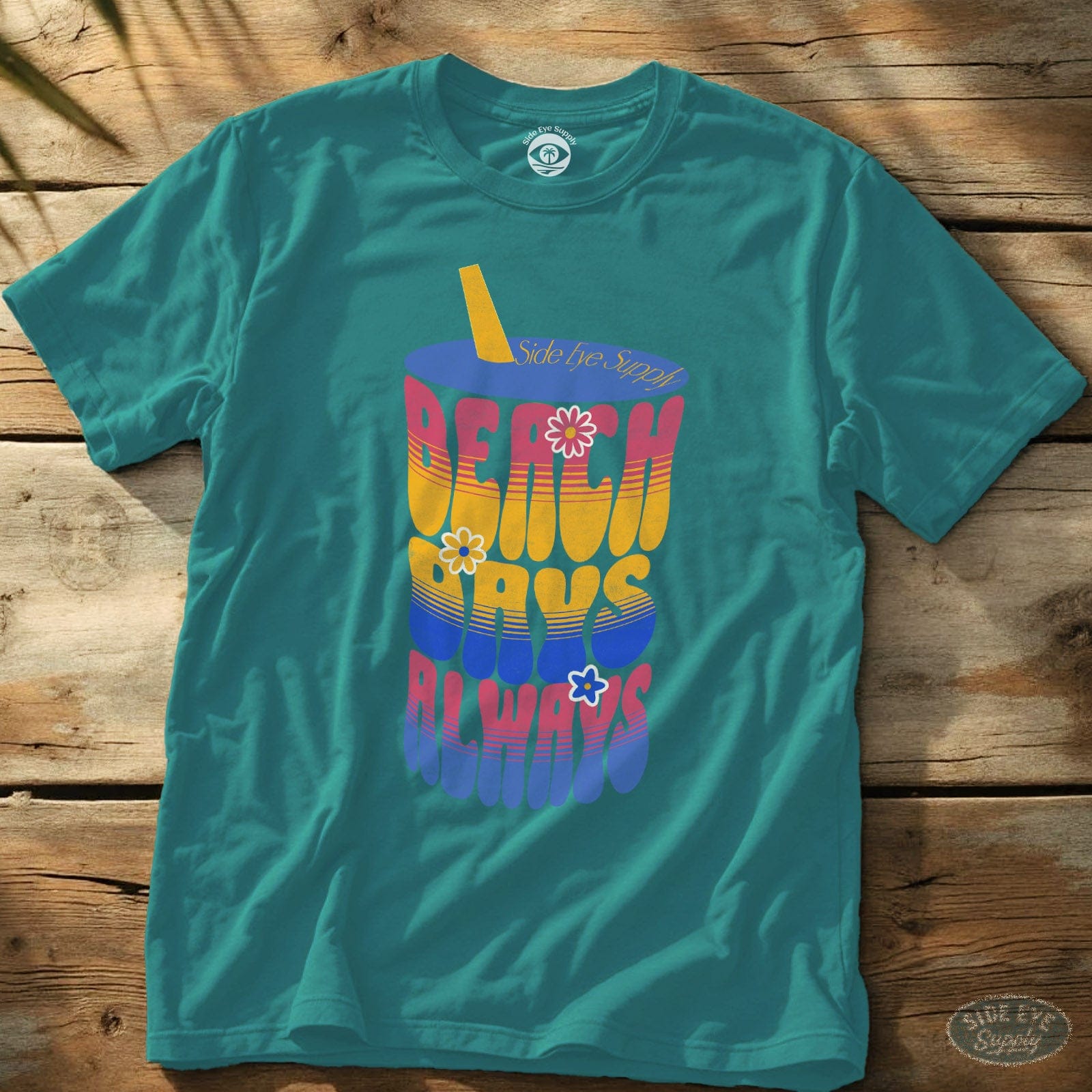 Summer Vibes Sipper (Retro Sunset Edition) Tee Tropical Blue / S - by Side Eye Supply - Surf Beach Life Apparel