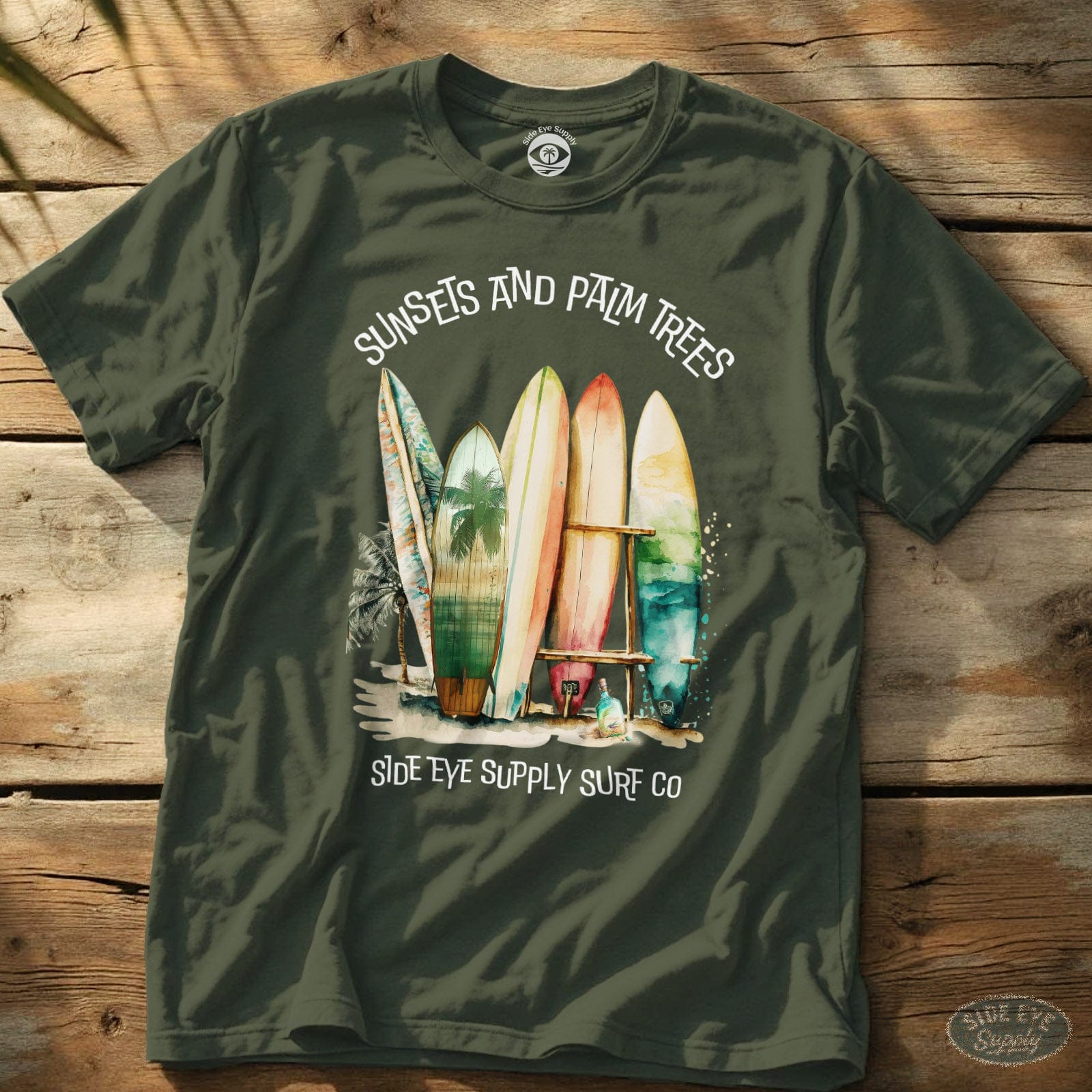 Sunsets and Palm Trees Tee Military Green / S - by Side Eye Supply - Surf Beach Life Apparel