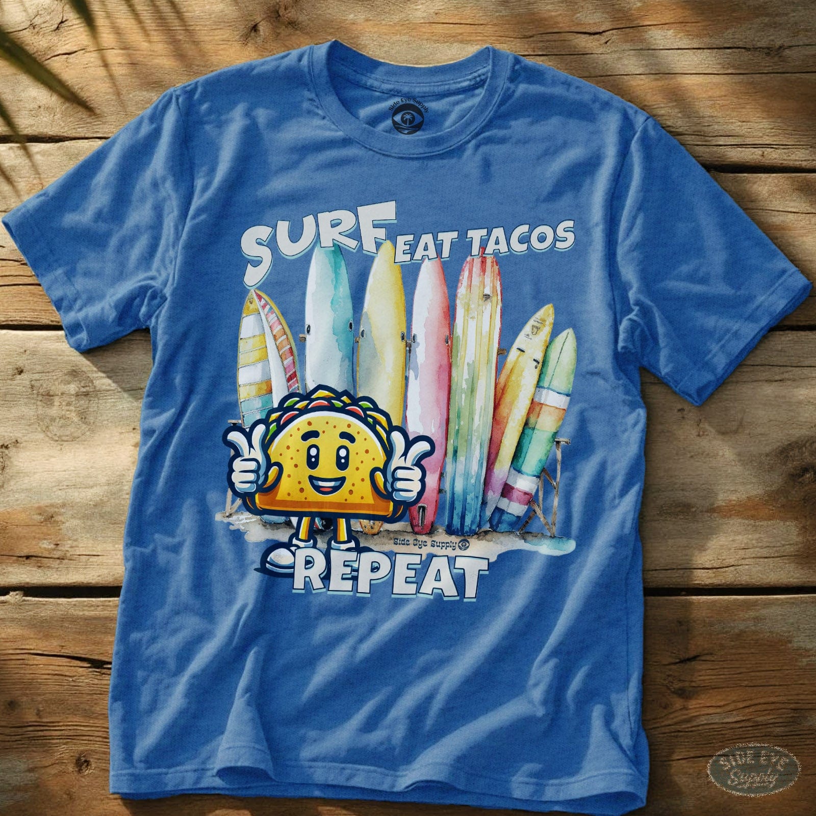 Surf Eat Tacos Repeat Tee Heather Royal / S - by Side Eye Supply - Surf Beach Life Apparel
