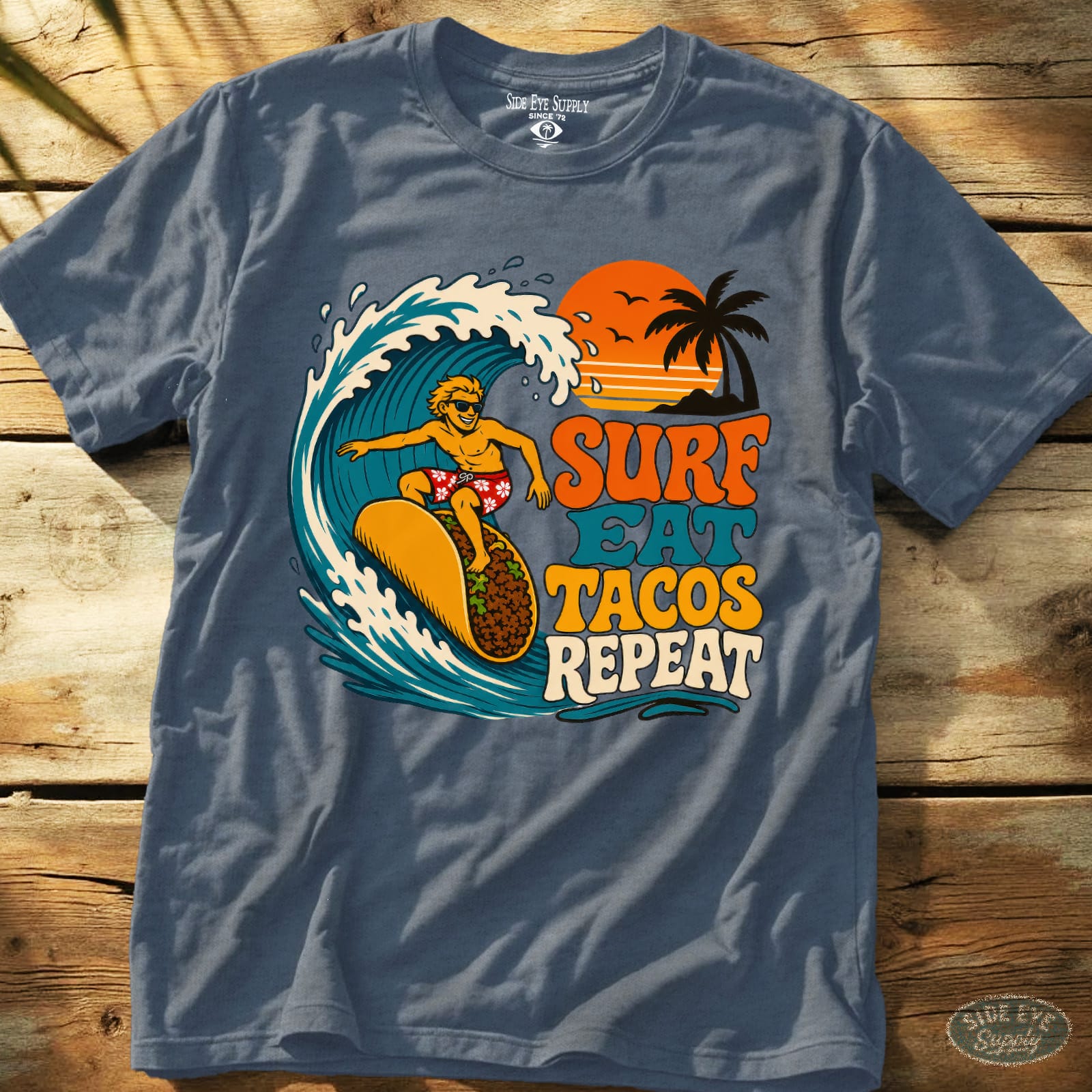 Surf Eat Tacos Repeat Tee Heather Indigo / S - by Side Eye Supply - Surf Beach Life Apparel