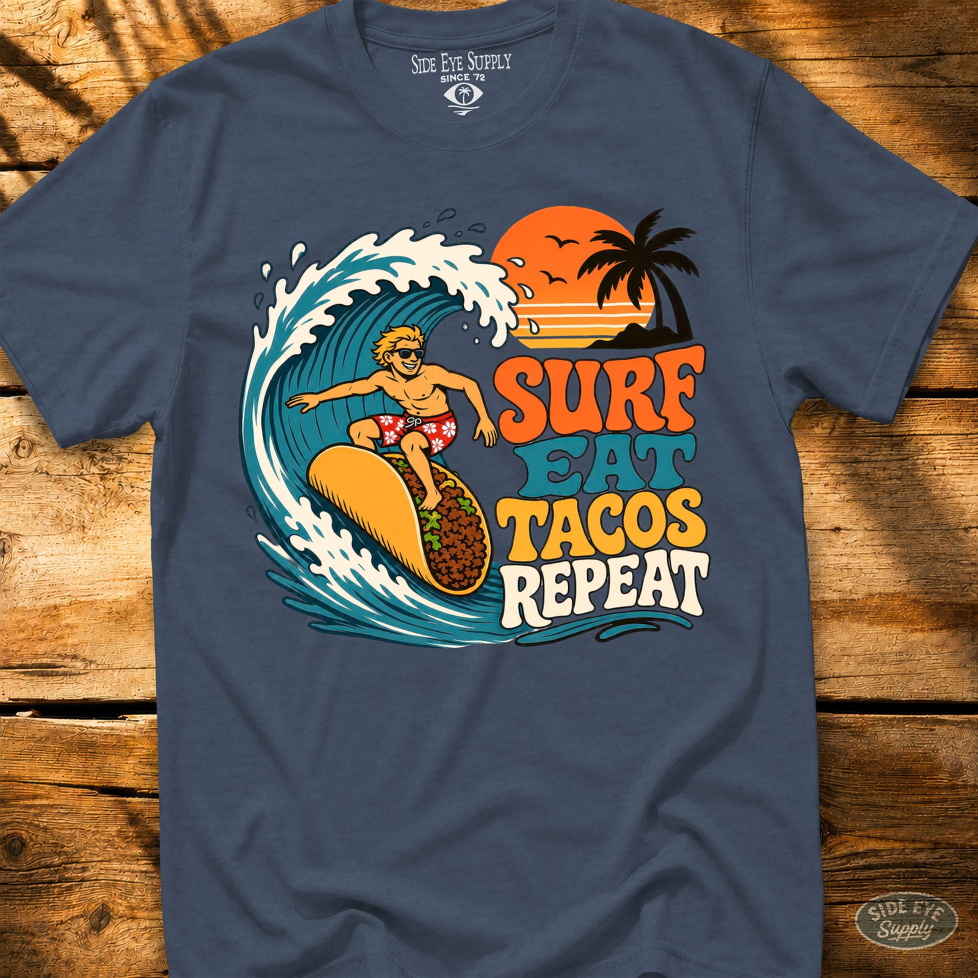 Surf Eat Tacos Repeat Tee Heather Indigo / S - by Side Eye Supply - Surf Beach Life Apparel