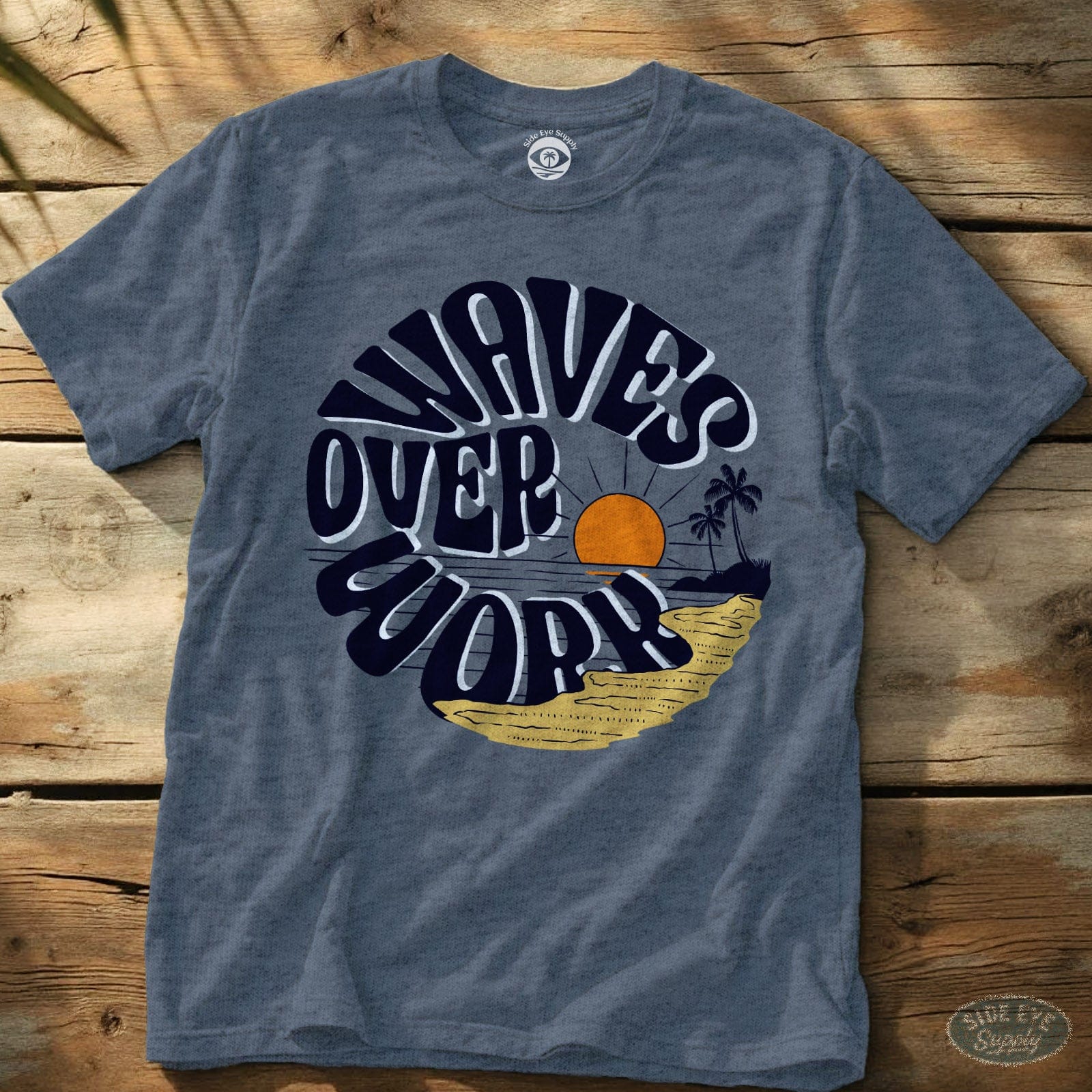 Waves Over Work Tee Heather Indigo / S - by Side Eye Supply - Surf Beach Life Apparel