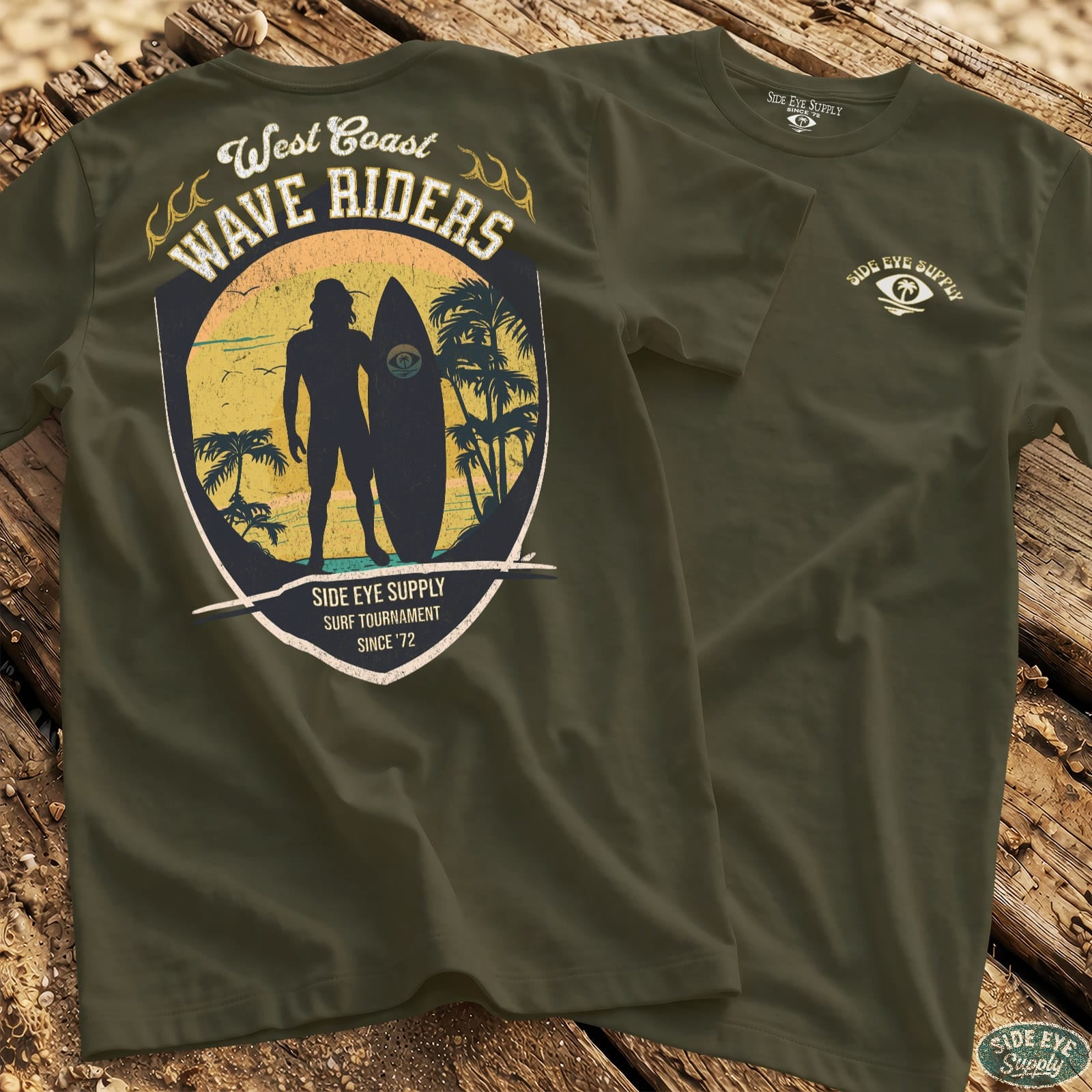 West Coast Wave Riders T-Shirt Military Green / S - by Side Eye Supply - Surf Beach Life Apparel